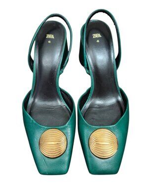 ZARA Green Leather Slingback Heels Gold Medallion Block Heel Women’s EU 41 US 10